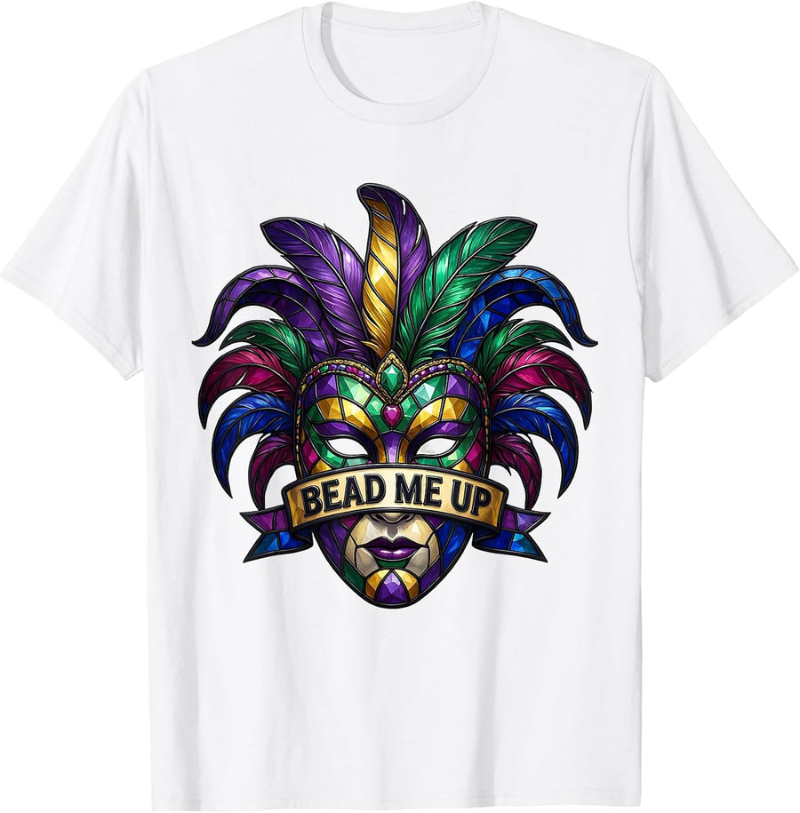 Men's Bead Me Up Mardi Gras Festive Design T-Shirt - White