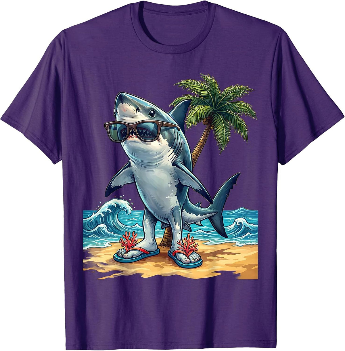 Shark In Flip Flops Funny Beach Graphic Tee T-Shirt - Purple