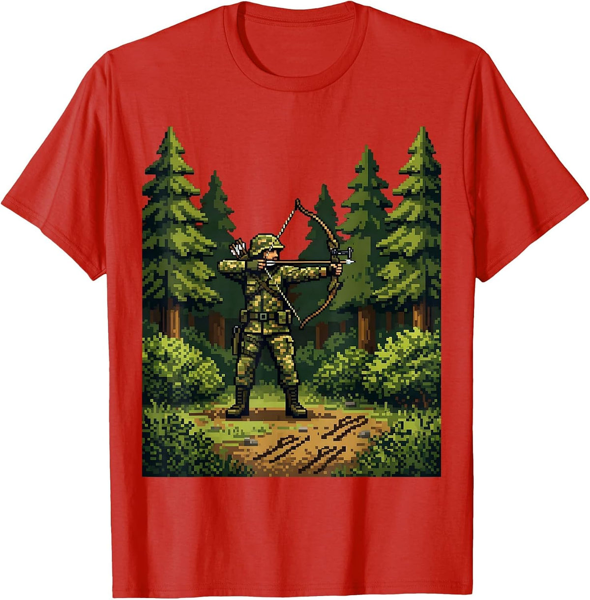 Men's Camo Bowhunter in Forest Clearing Illustration T-Shirt - Red