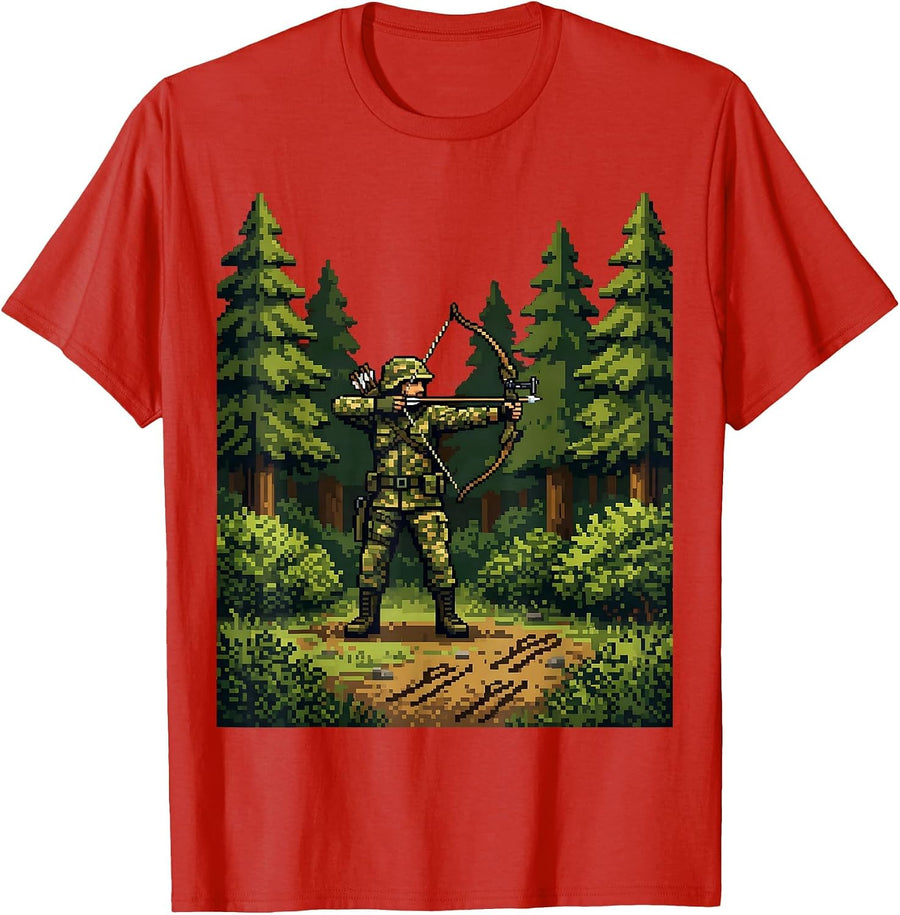 Men's Camo Bowhunter in Forest Clearing Illustration T-Shirt - Red