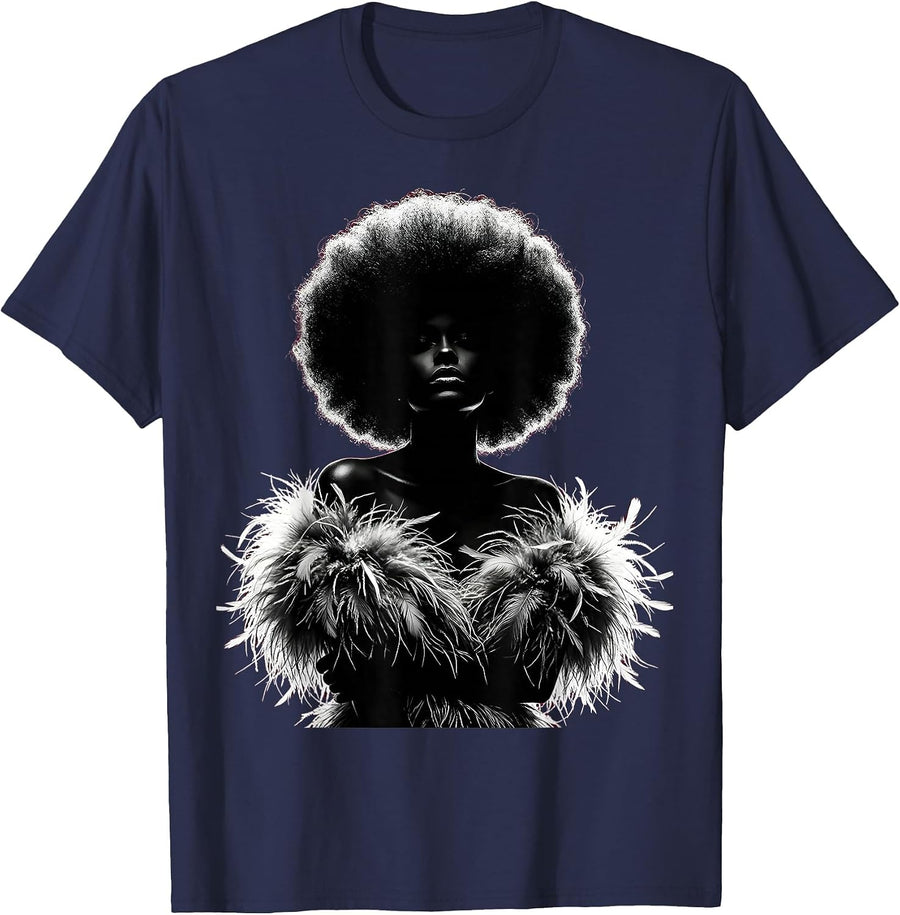 Disco Feather Boa Glam Illustration T-Shirt - Navy Blue