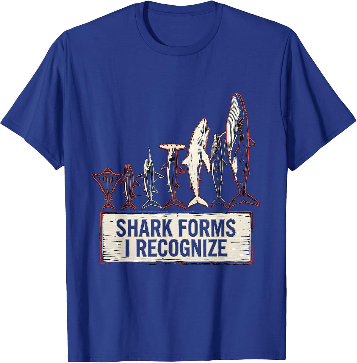 Men's Shark Forms I Recognize Linocut Marine Biology Ocean T-Shirt - Royal Blue