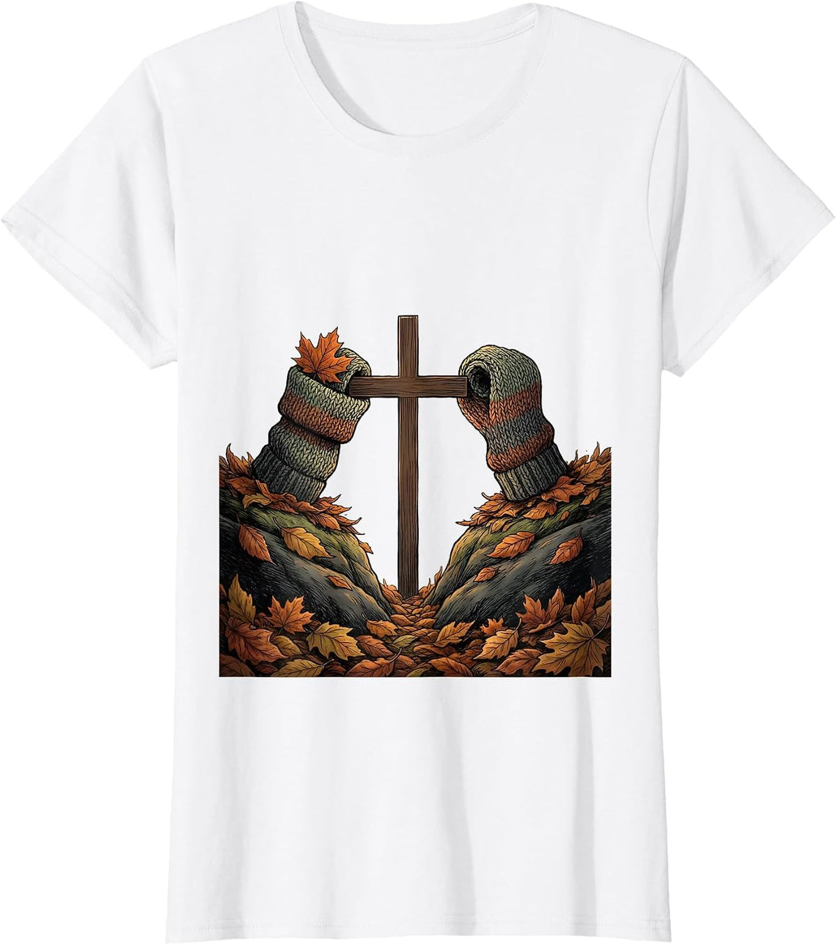 Rolled Knit Cuff Maple Leaf Faith Cozy Fall Autumn T-Shirt - White