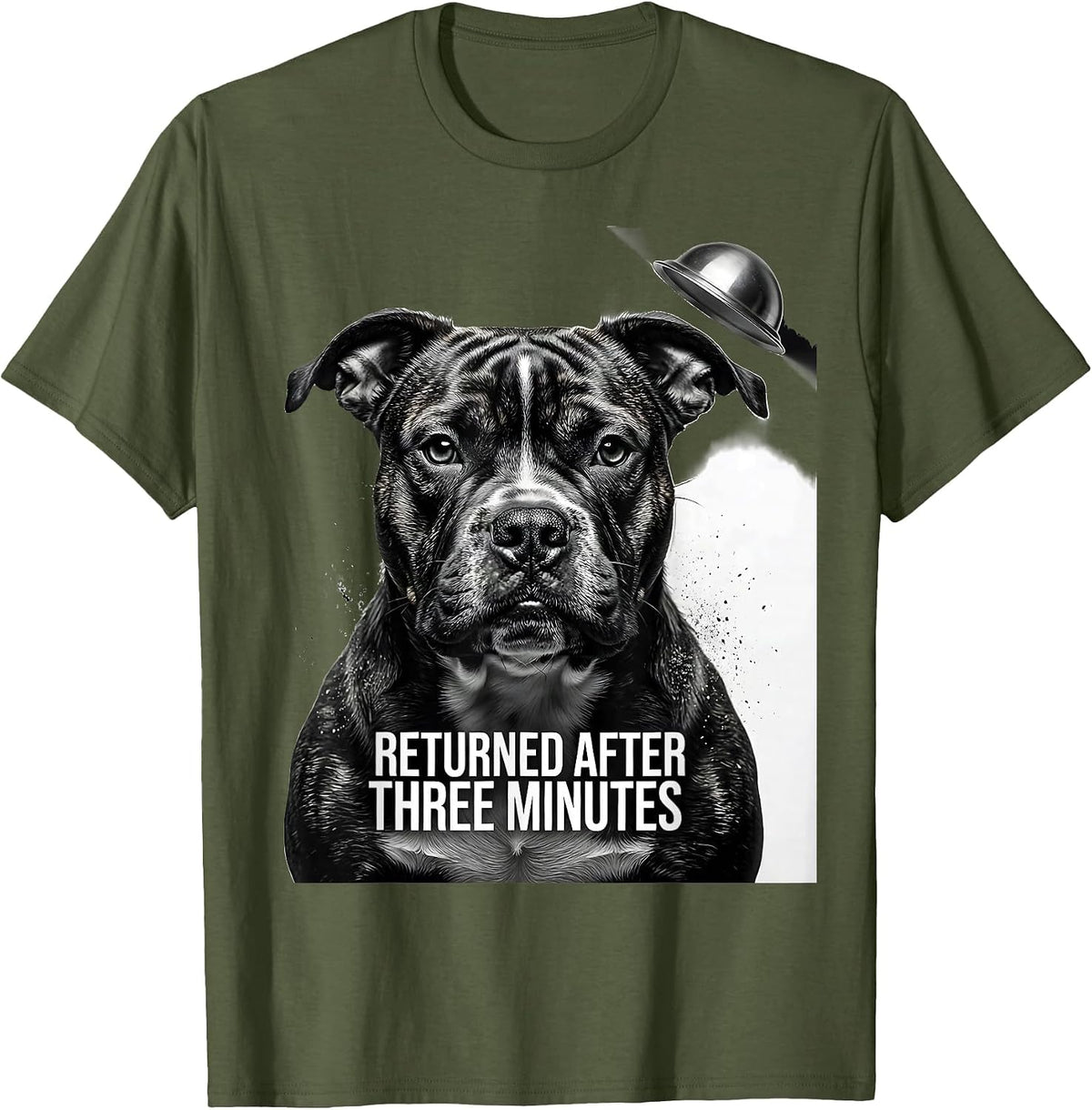 Returned After Three Minutes Funny Bull Terrier UFO Selfie T-Shirt - Olive Green