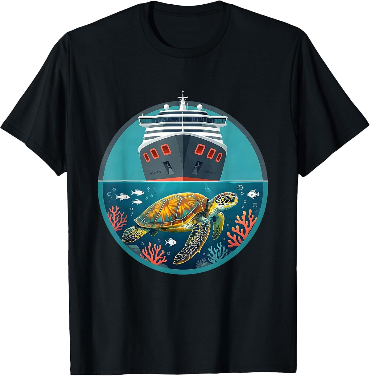 Men's Family Cruise Sea Turtle Under Ship Hull T-Shirt - Black