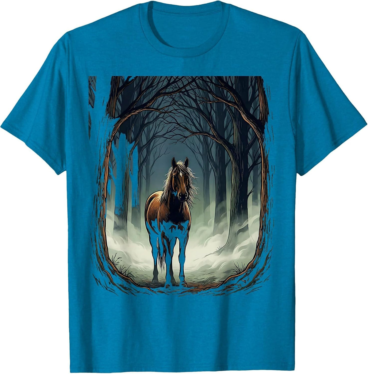 Lone Horse Misty Forest Wilderness Illustration T-Shirt - Sapphire Blue