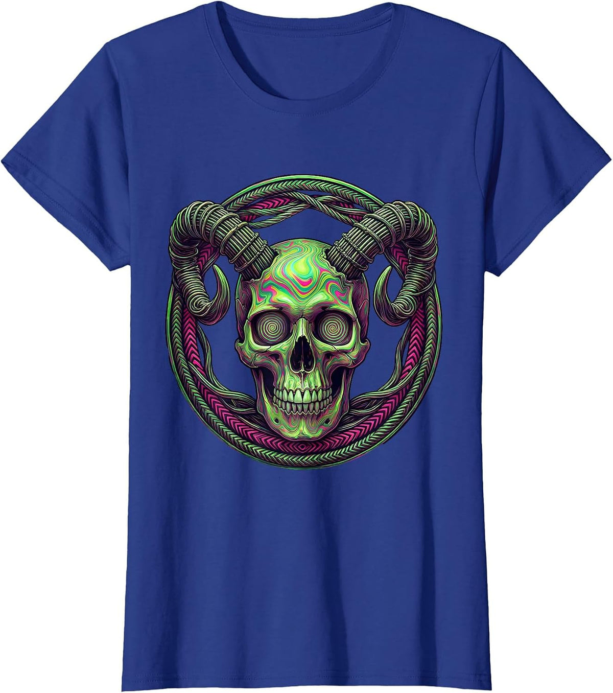 Women's Ram Skull Guitar Strings Rock Music Graphic T-Shirt - Royal Blue