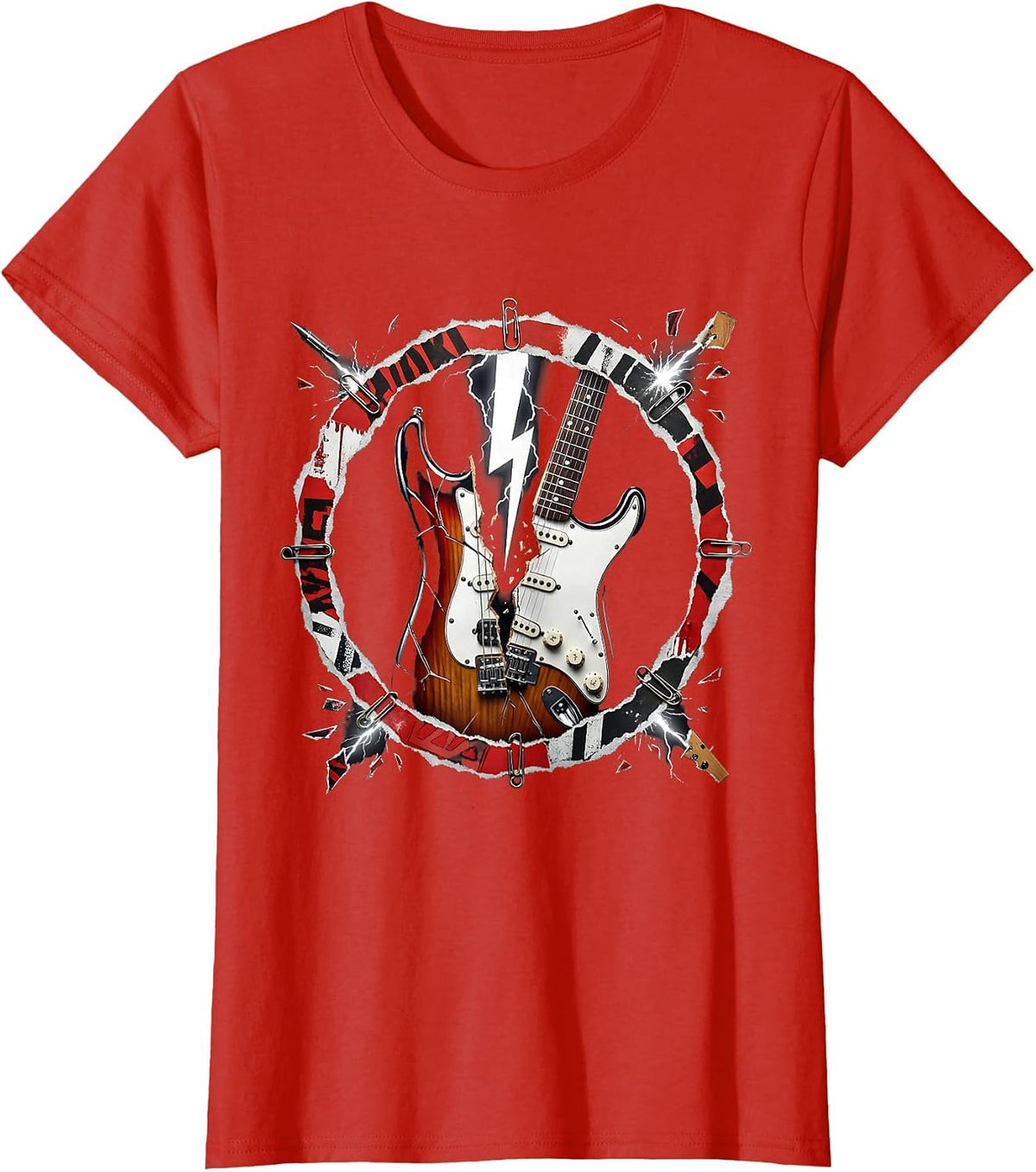 Women's Lightning Bolt Strikes Electric Guitar Rock Art T-Shirt - Red
