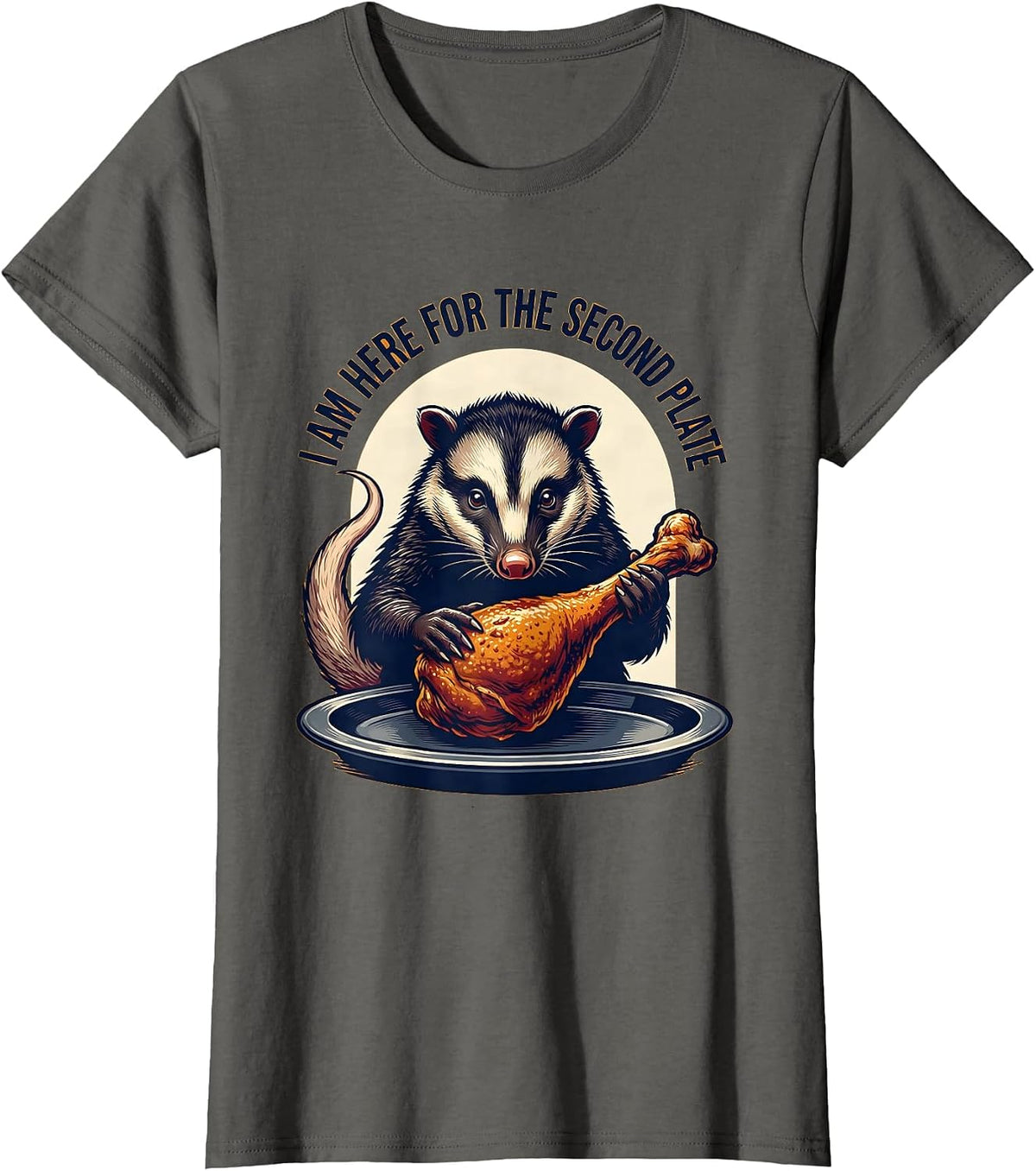 Women's I Am Here For The Second Plate Funny Opossum Thanksgiving T-Shirt - Asphalt Grey