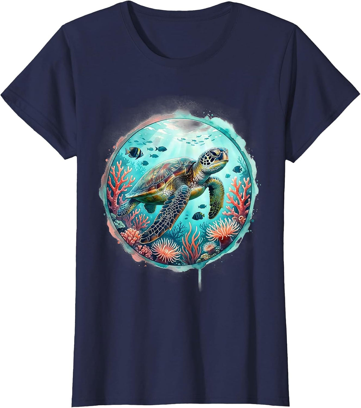 Women's Hawaiian Sea Turtle Coral Reef Graphic Tee T-Shirt - Navy Blue