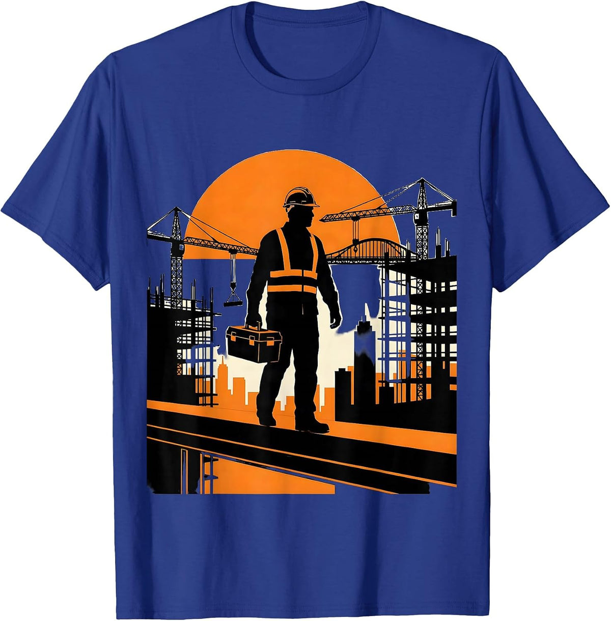 Men's Construction Worker Silhouette Sunset Skyline T-Shirt - Royal Blue