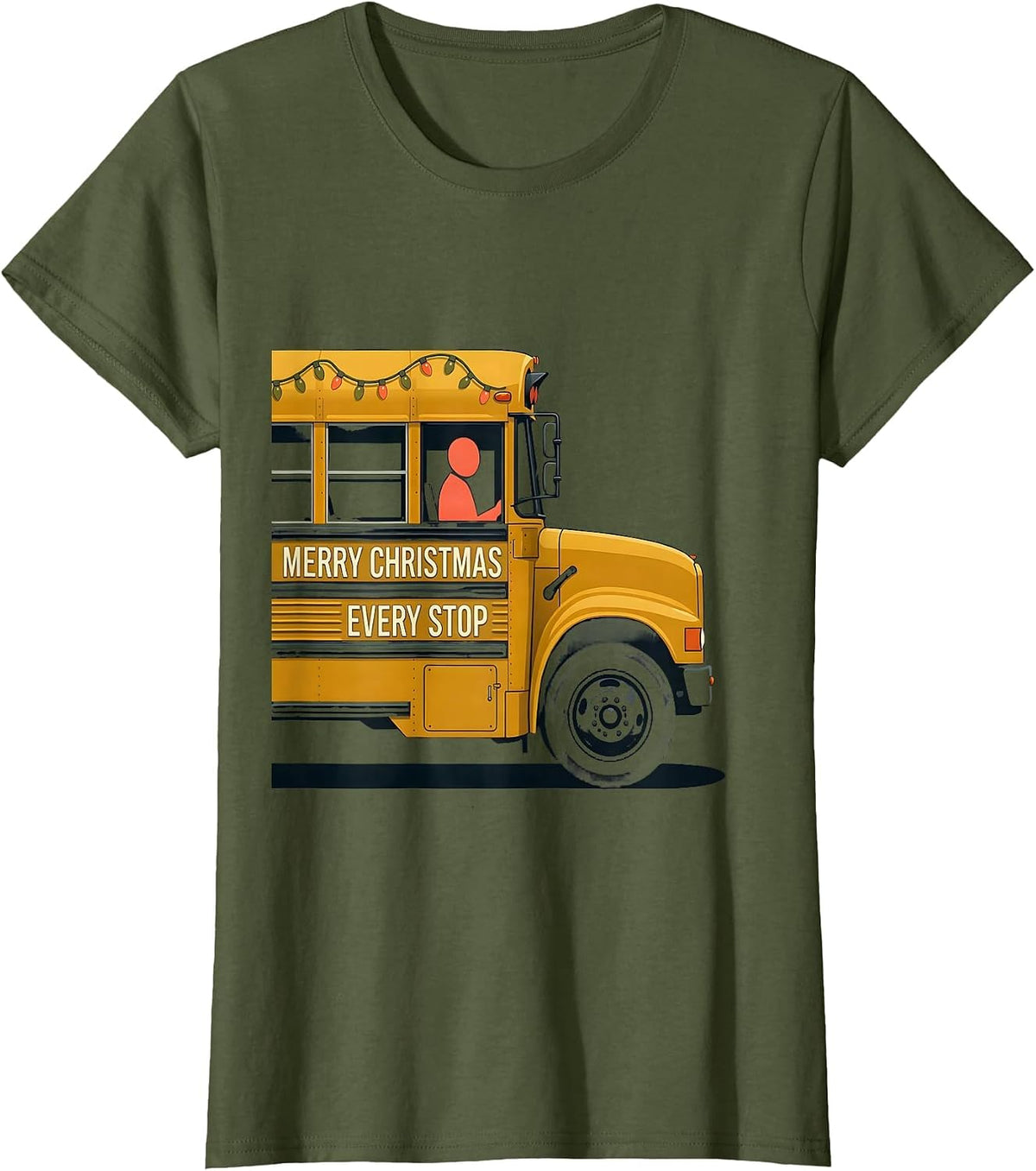 Women's Merry Christmas Every Stop Midcentury Modern School Bus T-Shirt - Olive Green