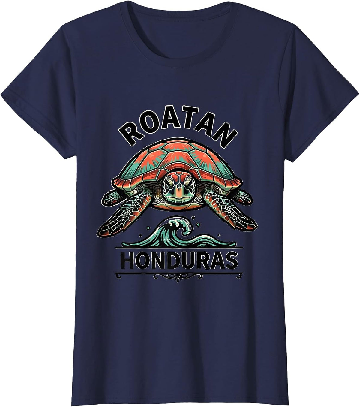 Women's Roatan Honduras Tattoo Sea Turtle Beach Vacation Souvenir T-Shirt - Navy Blue