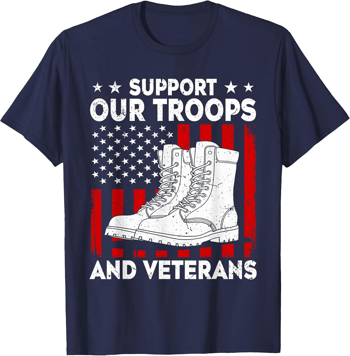 Support Our Troops and Veterans USA Flag Military Support T-Shirt - Navy Blue