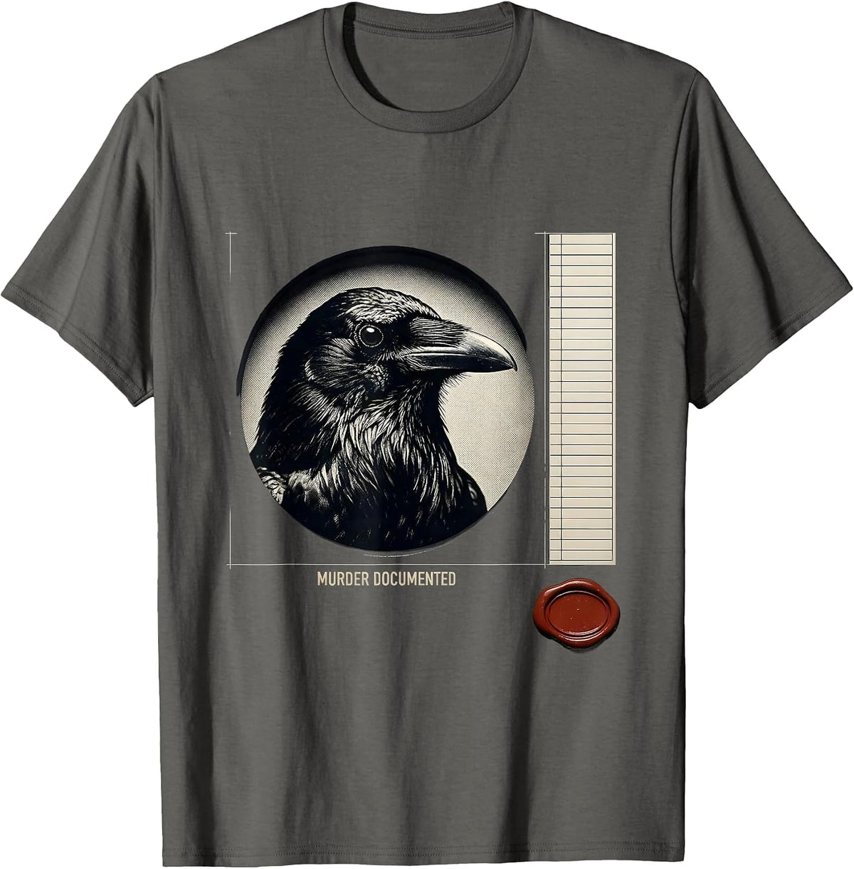 Men's Murder Documented Gothic Raven Crow Humor Literary Pun T-Shirt - Asphalt Grey