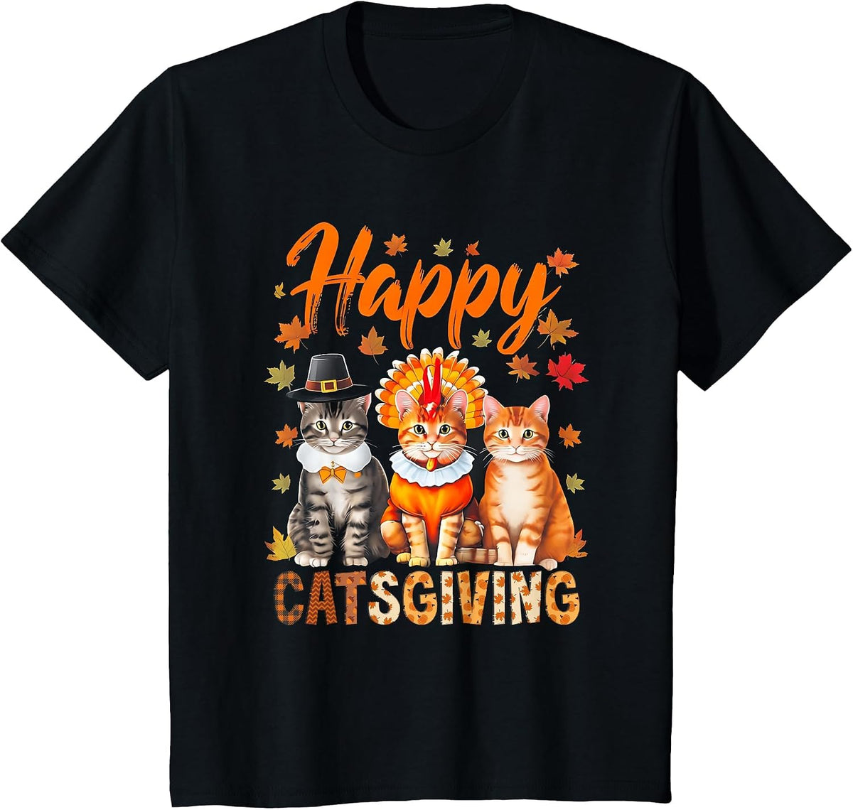 Happy Catsgiving Cute Thanksgiving Cat Wears Pilgrim Hat T-Shirt - Black