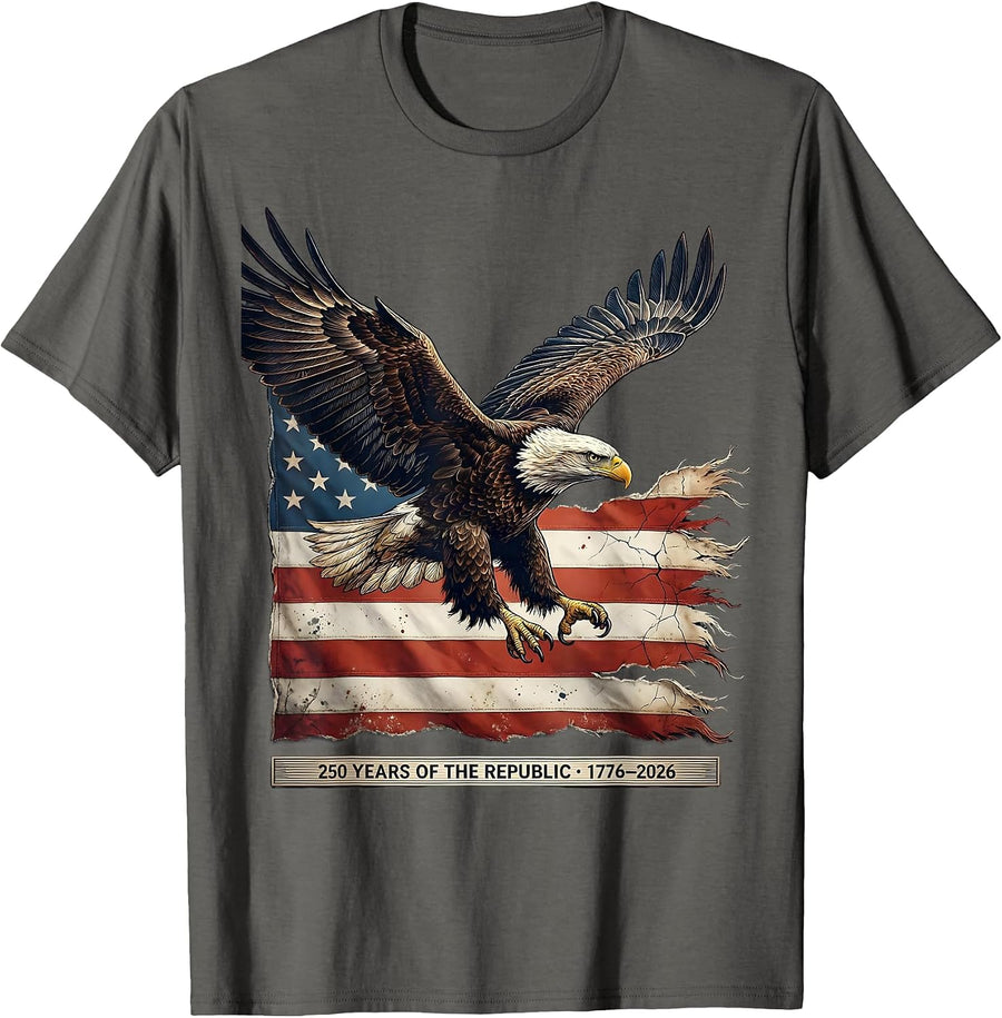 250 Years of the Republic 1776–2026 Distressed Eagle Flag T-Shirt - Asphalt Grey