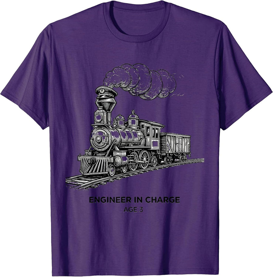 Engineer In Charge Age 3 Kids Construction Train Birthday T-Shirt, Men, Purple, XX-Large - As Pictured