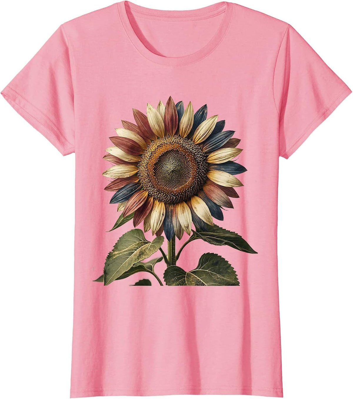 Women's Red White and Blue Sunflower Patriotic Design T-Shirt - Pink