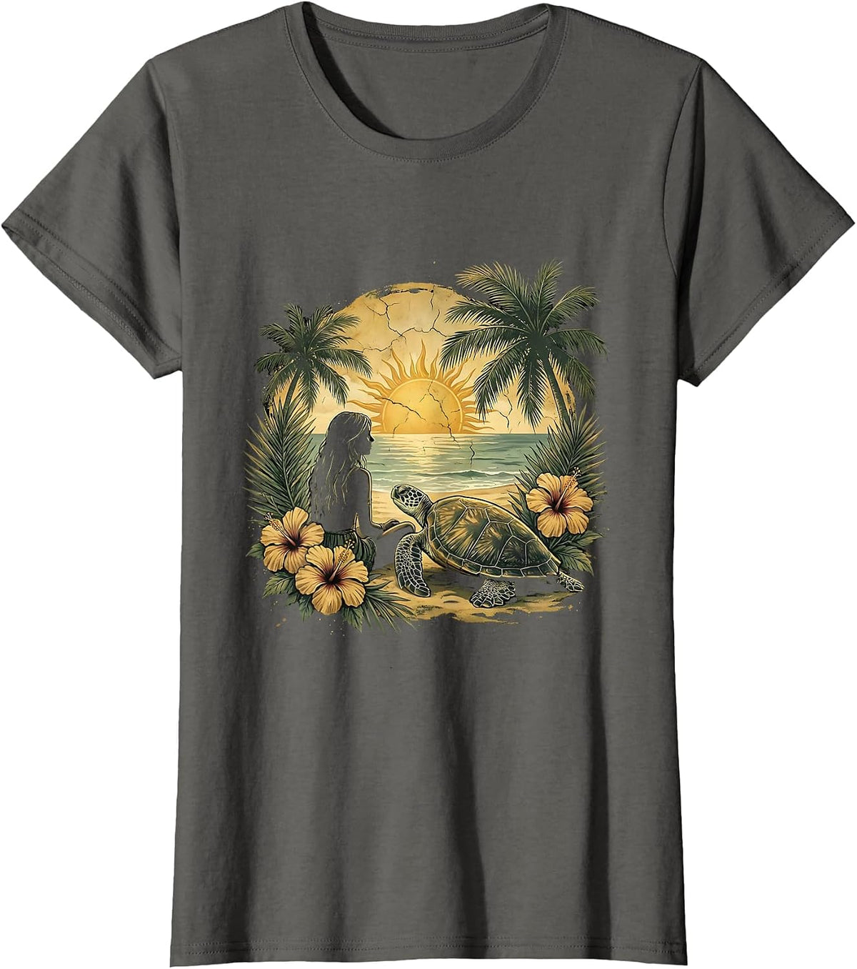 Women's Girl On Beach With Sea Turtle Hawaiian Design T-Shirt - Asphalt Grey