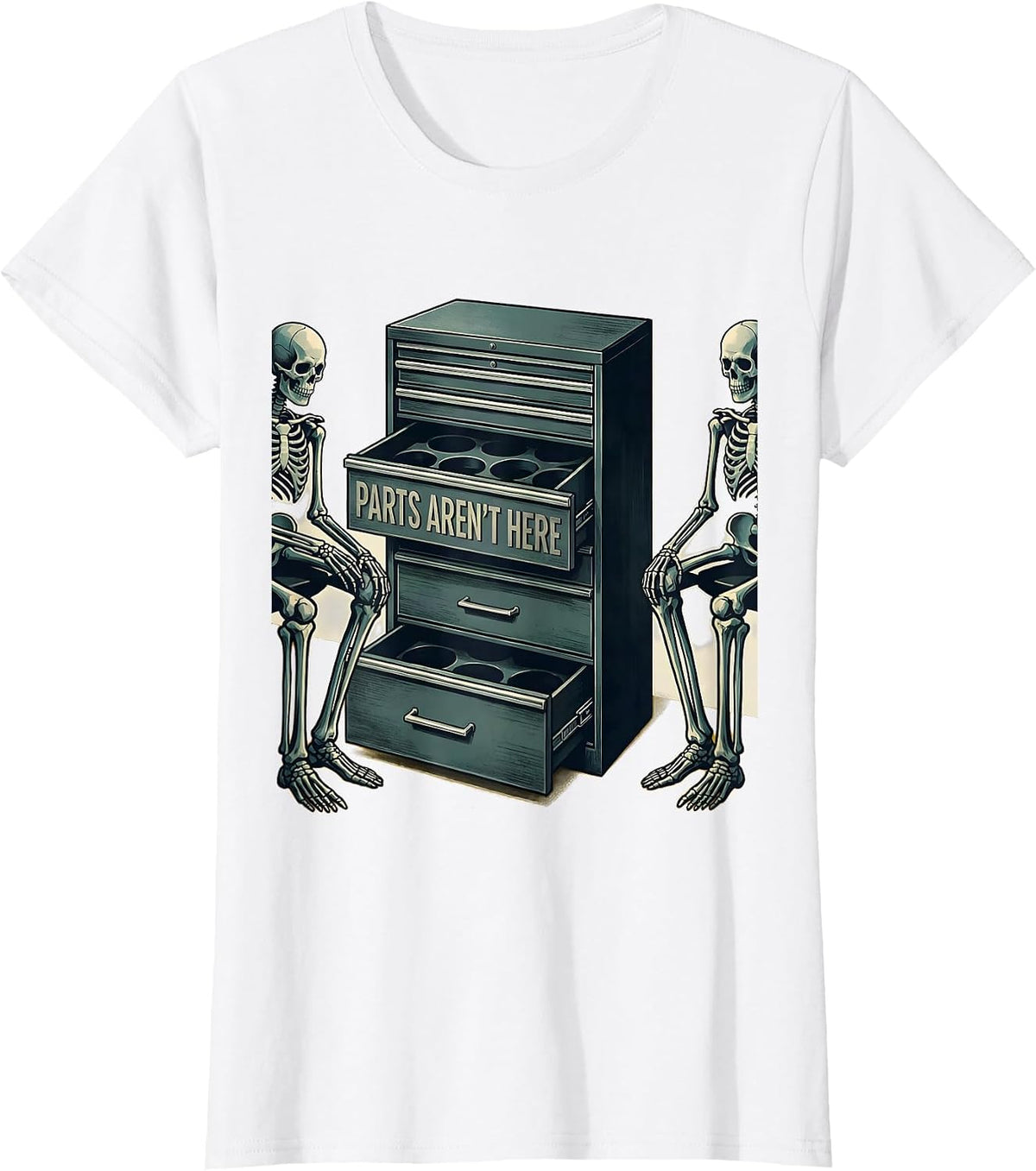 Women's PARTS AREN'T HERE Funny Mechanic Skeleton Auto Repair Life T-Shirt - White