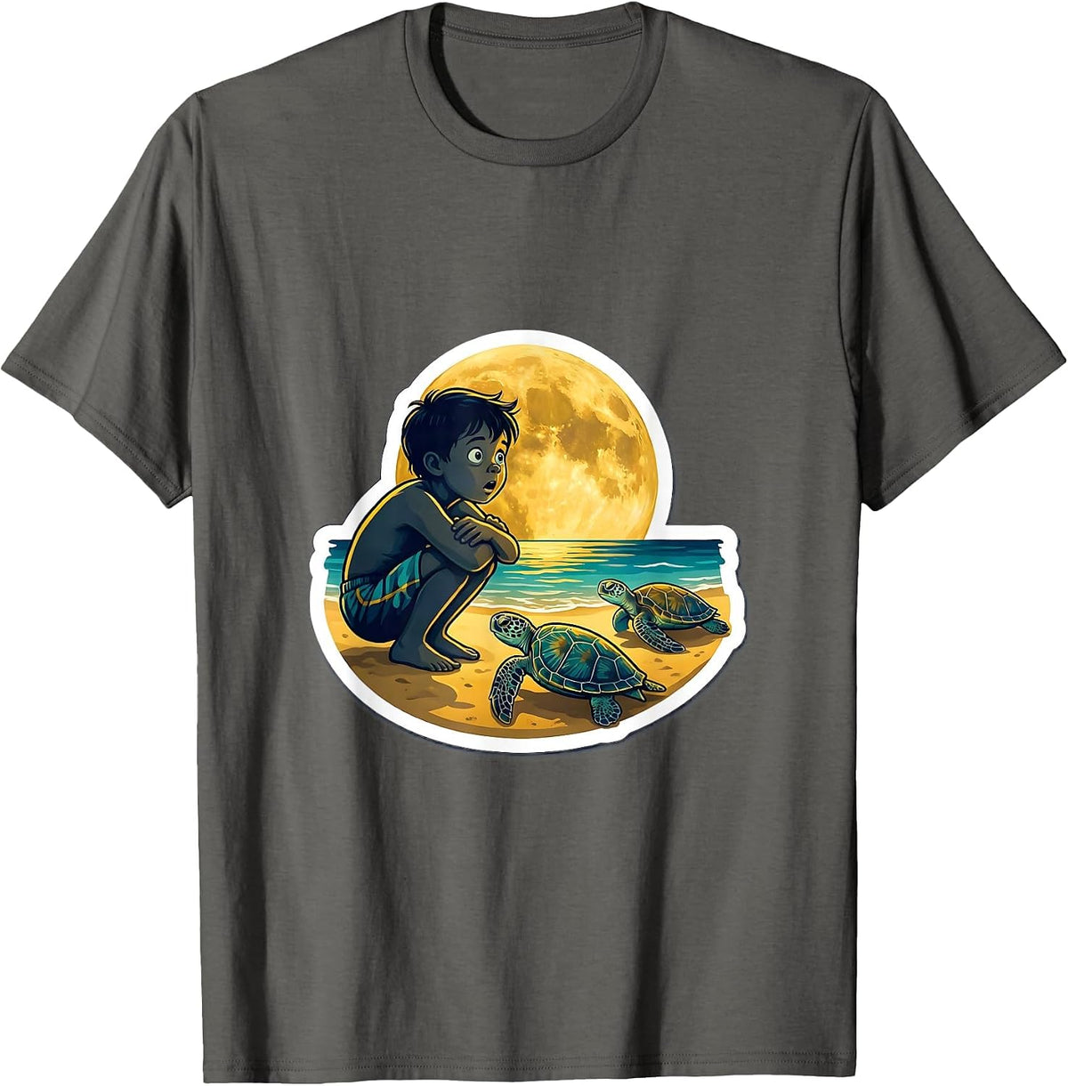 Men's Boys Hawaiian Sea Turtle Nesting Moonlit Beach T-Shirt - Asphalt Grey