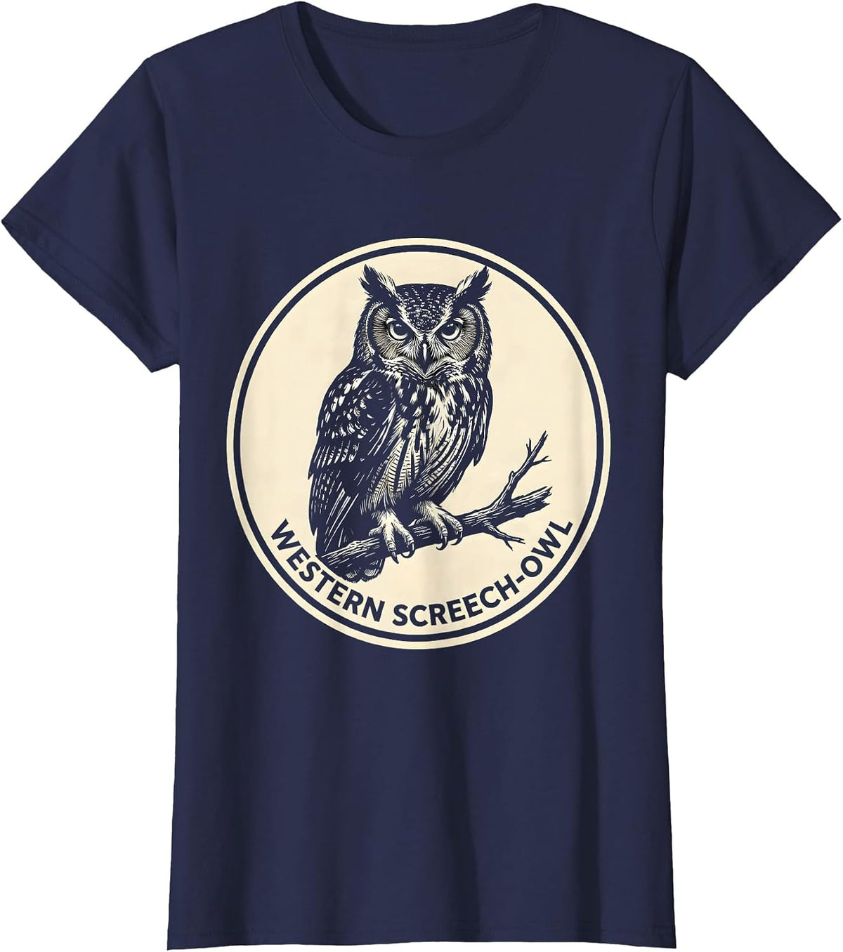 Women's Western Screech-Owl Scratchboard Owl Lover Birdwatcher T-Shirt - Navy Blue