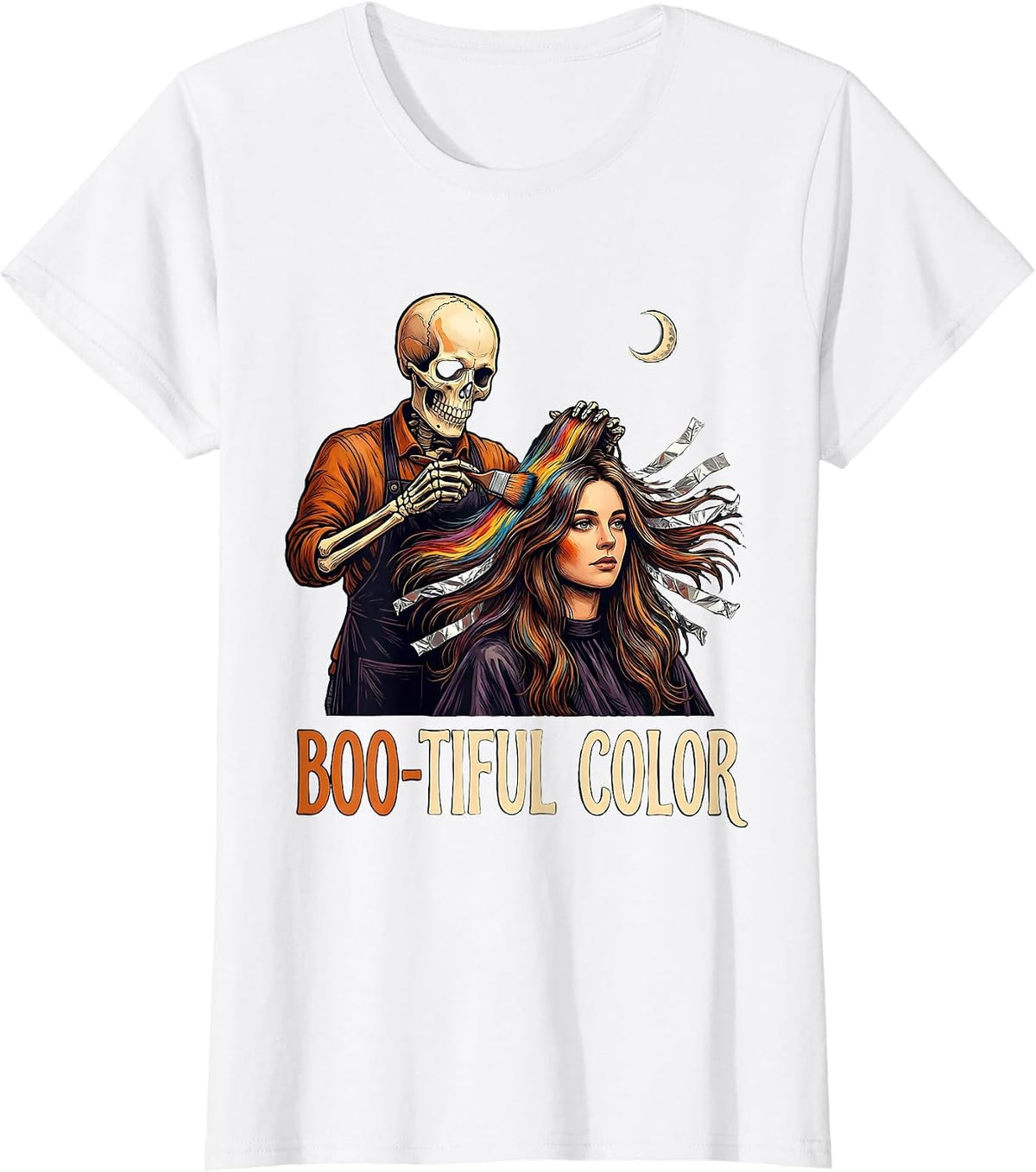 Women's Boo-tiful Color Funny Skeleton Hairstylist Halloween Barber T-Shirt - White