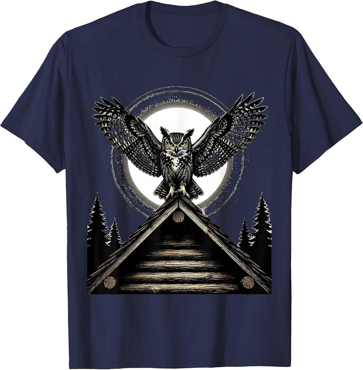 Men's Owl on Cabin Rooftop Night Scene Illustration T-Shirt - Navy Blue