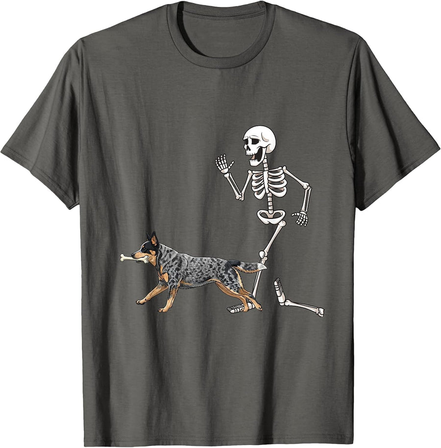 Funny Halloween Australian Cattle Dog and Skeleton T-Shirt - Asphalt Grey
