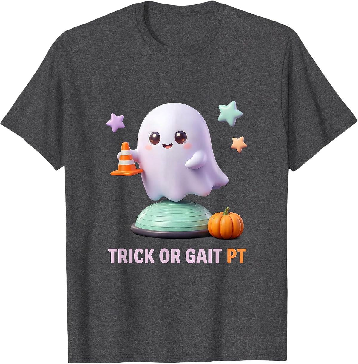 Men's Trick Or Gait PT Cute Kawaii Therapy Ghost Halloween T-Shirt - Dark Heather Grey