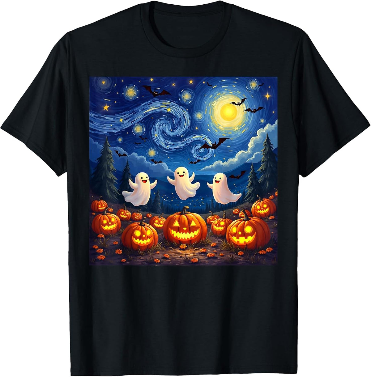 Boo Ghost Halloween Pumpkin Starry Night Van Gogh Men Women T-Shirt - Black