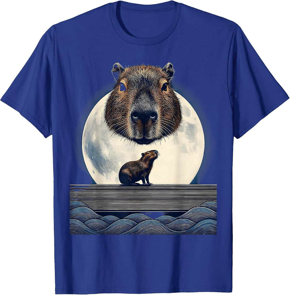 Men's Capybara Head Mask Ukiyo-e Howling Moon Meme T-Shirt - Royal Blue