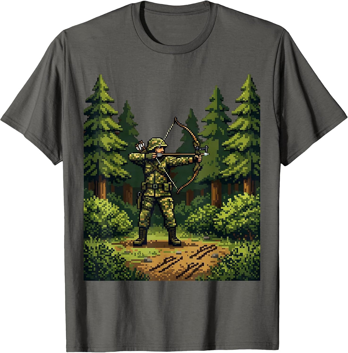 Men's Camo Bowhunter in Forest Clearing Illustration T-Shirt - Asphalt Grey