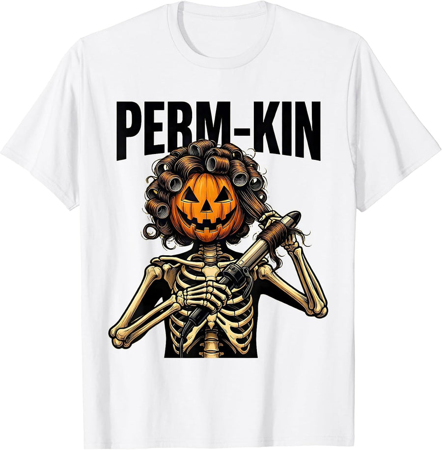 Men's Perm-kin Tattoo Skeleton Hairstylist Halloween Barber Humor T-Shirt - White