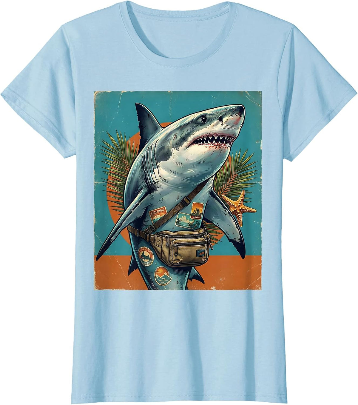 Shark On Vacation Fanny Pack Novelty Graphic T-Shirt - Baby Blue