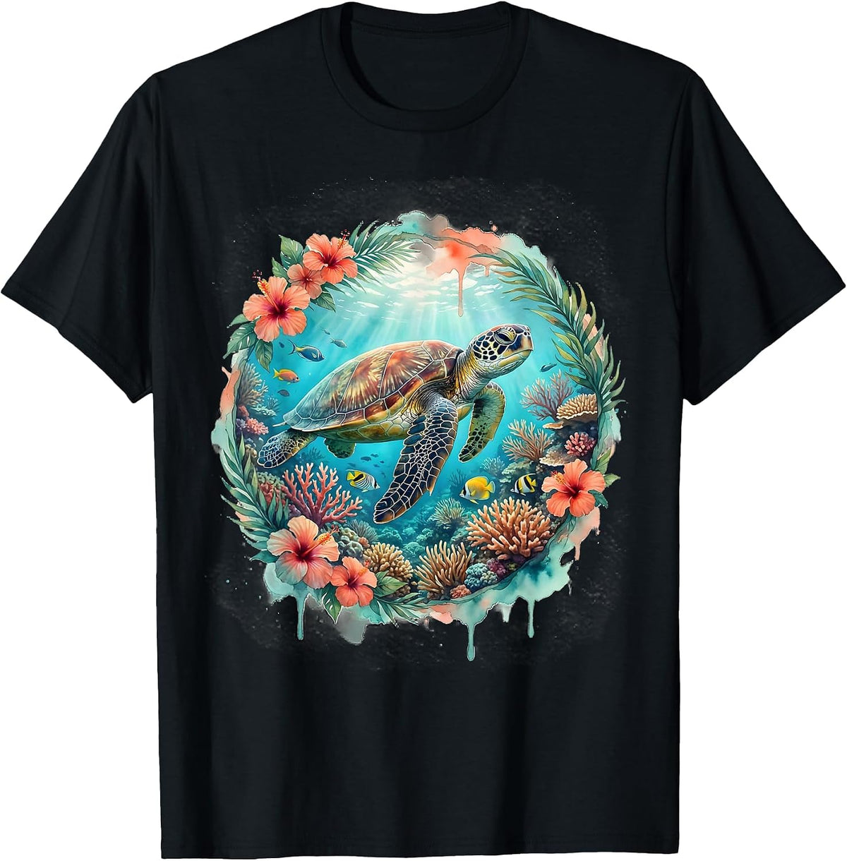 Men's Sea Turtle Coral Reef Hawaiian Ocean Design T-Shirt - Black