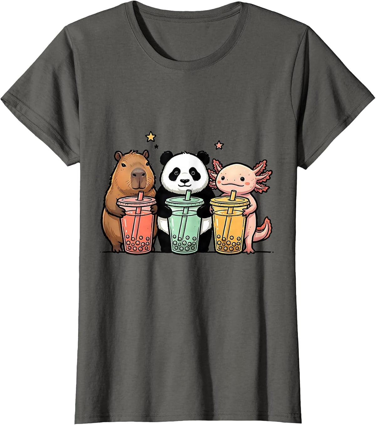 Women's Capybara Panda Axolotl Cute Kawaii Anime Boba Tea Girls T-Shirt - Asphalt Grey