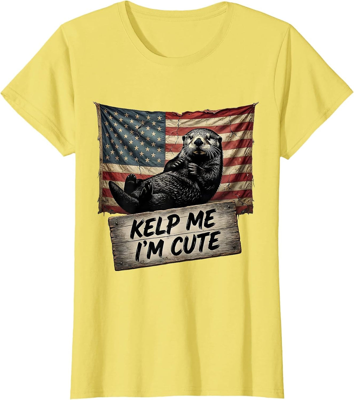 Women's Kelp Me I'm Cute Sea Otter Design T-Shirt - Lemon Yellow