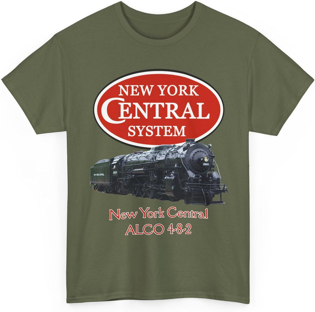 New York Central ALCO 4-8-2 Steam Locomotive & Logo T-Shirt | Railroad Tee - Military Green