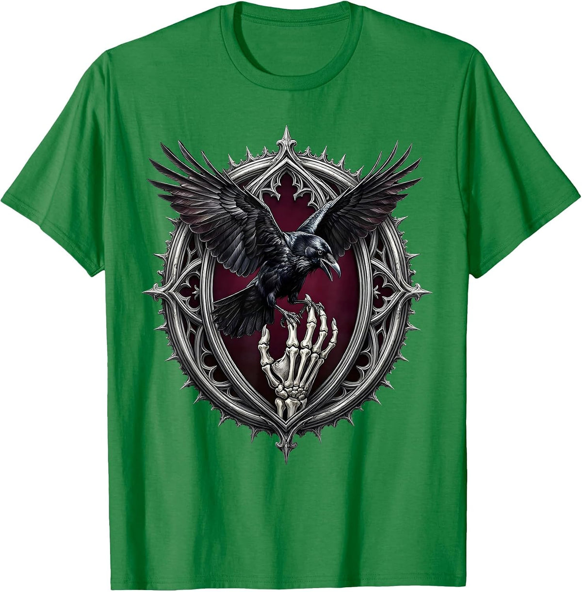 Men's Crow Landing on Skeleton Hand Dark Gothic Art T-Shirt - Kelly Green