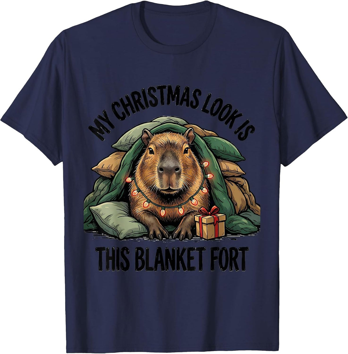 My Christmas Look Is This Blanket Fort Funny Capybara T-Shirt - Navy Blue
