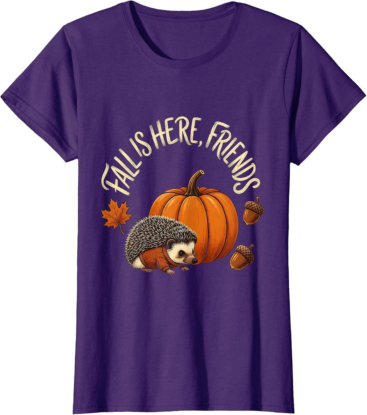 Women's Fall Is Here Friends Cozy Autumn Hedgehog Pumpkin Patch T-Shirt - Purple