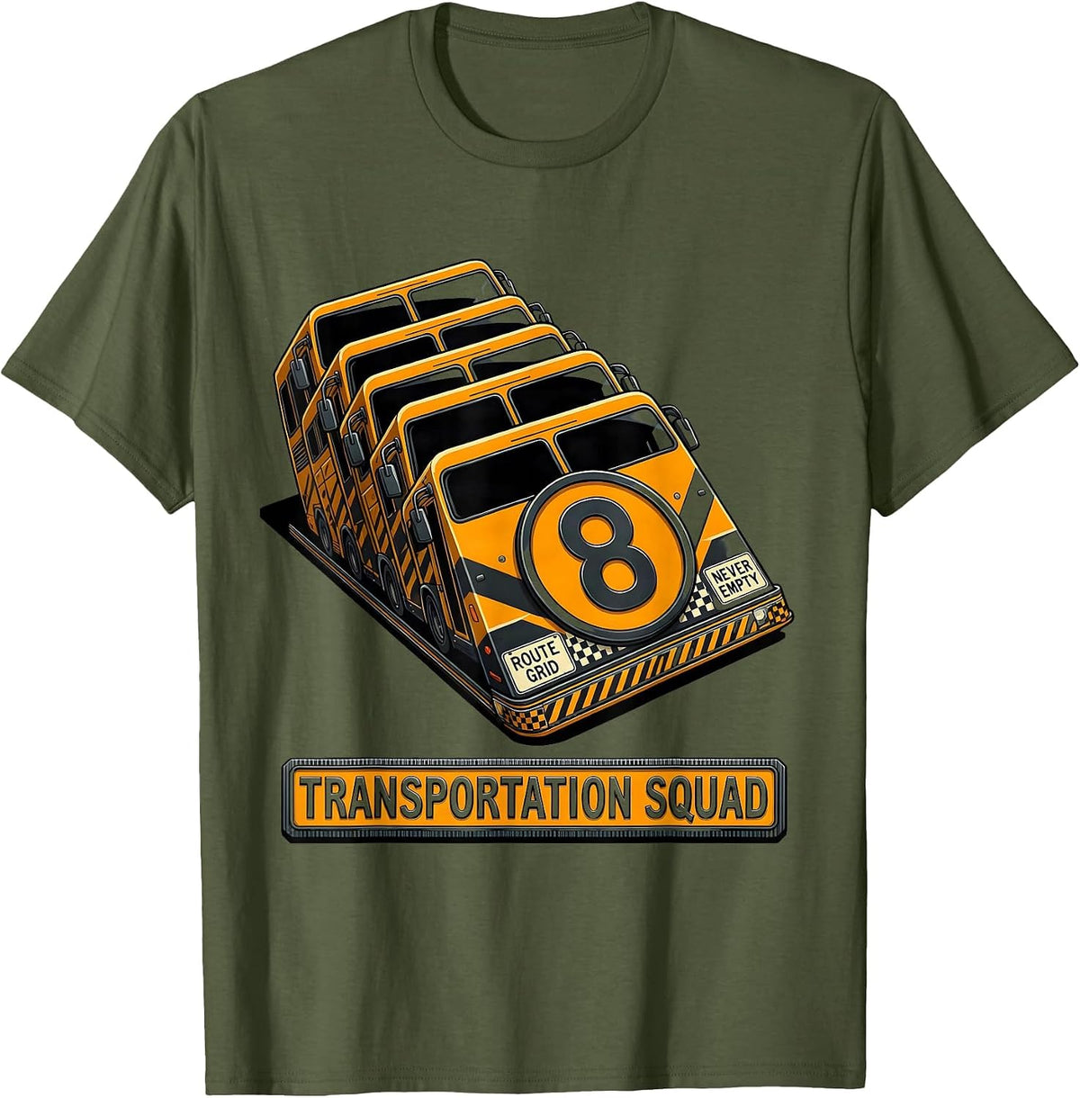 Transportation Squad Route Grid Never Empty School Bus T-Shirt - Olive Green