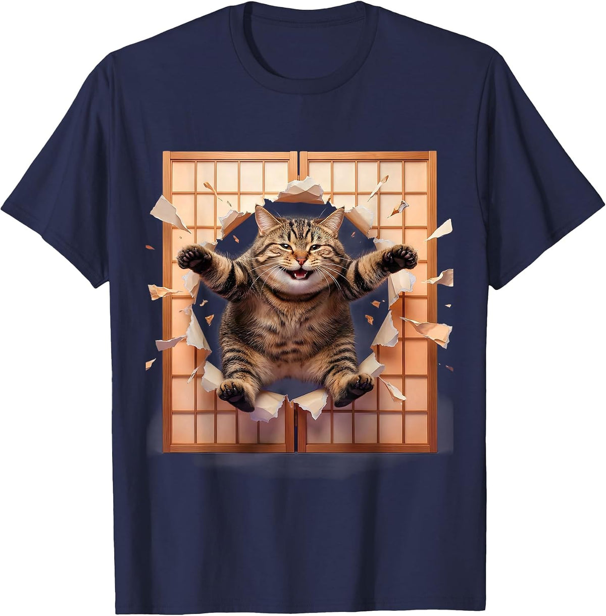 Men's Tabby Cat Leaping Through Shoji Screen T-Shirt - Navy Blue