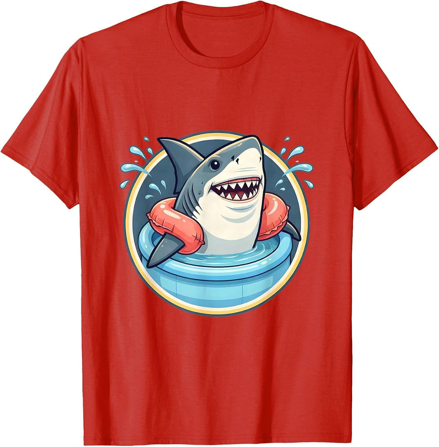 Men's Shark In Floaties Kiddie Pool Funny Illustration T-Shirt - Red