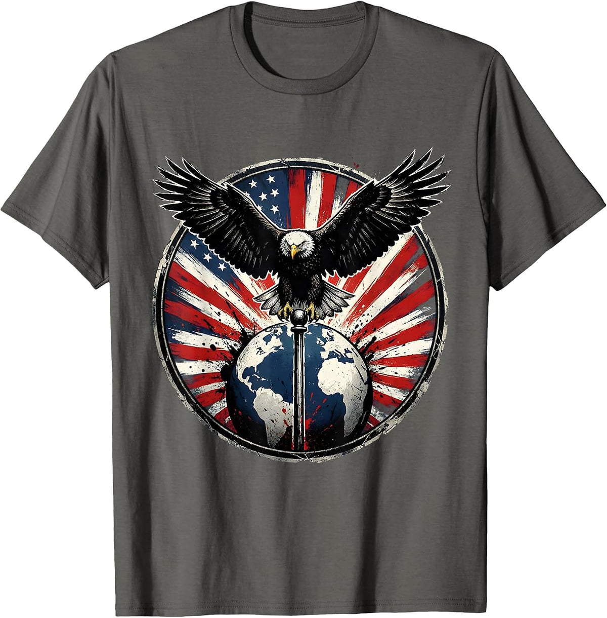 Vintage Eagle Atop Flagpole Globe American Flag T-Shirt - Asphalt Grey