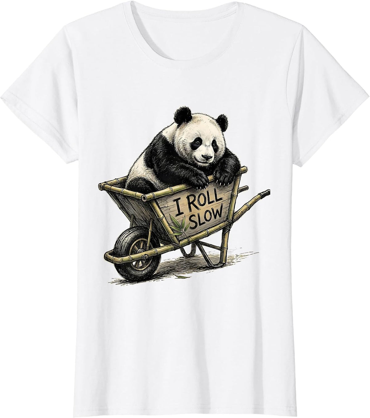 Women's I Roll Slow Hand-Sketched Panda Lover Cute Humor T-Shirt - White
