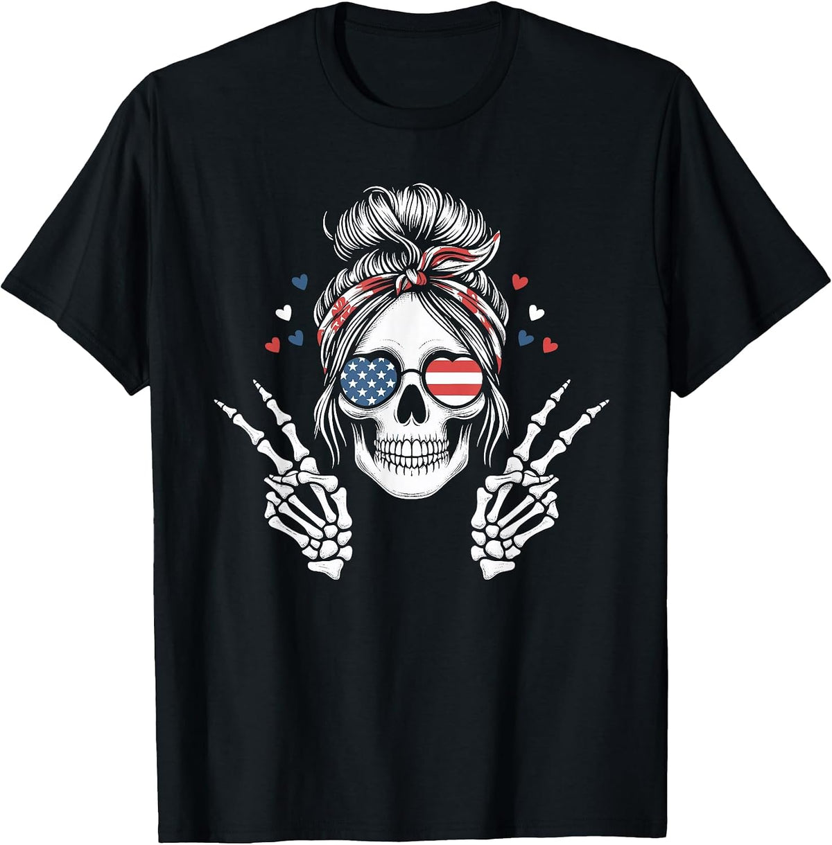 Patriotic American Flag Skull Messy Bun Peace USA 4th July T-Shirt - Black