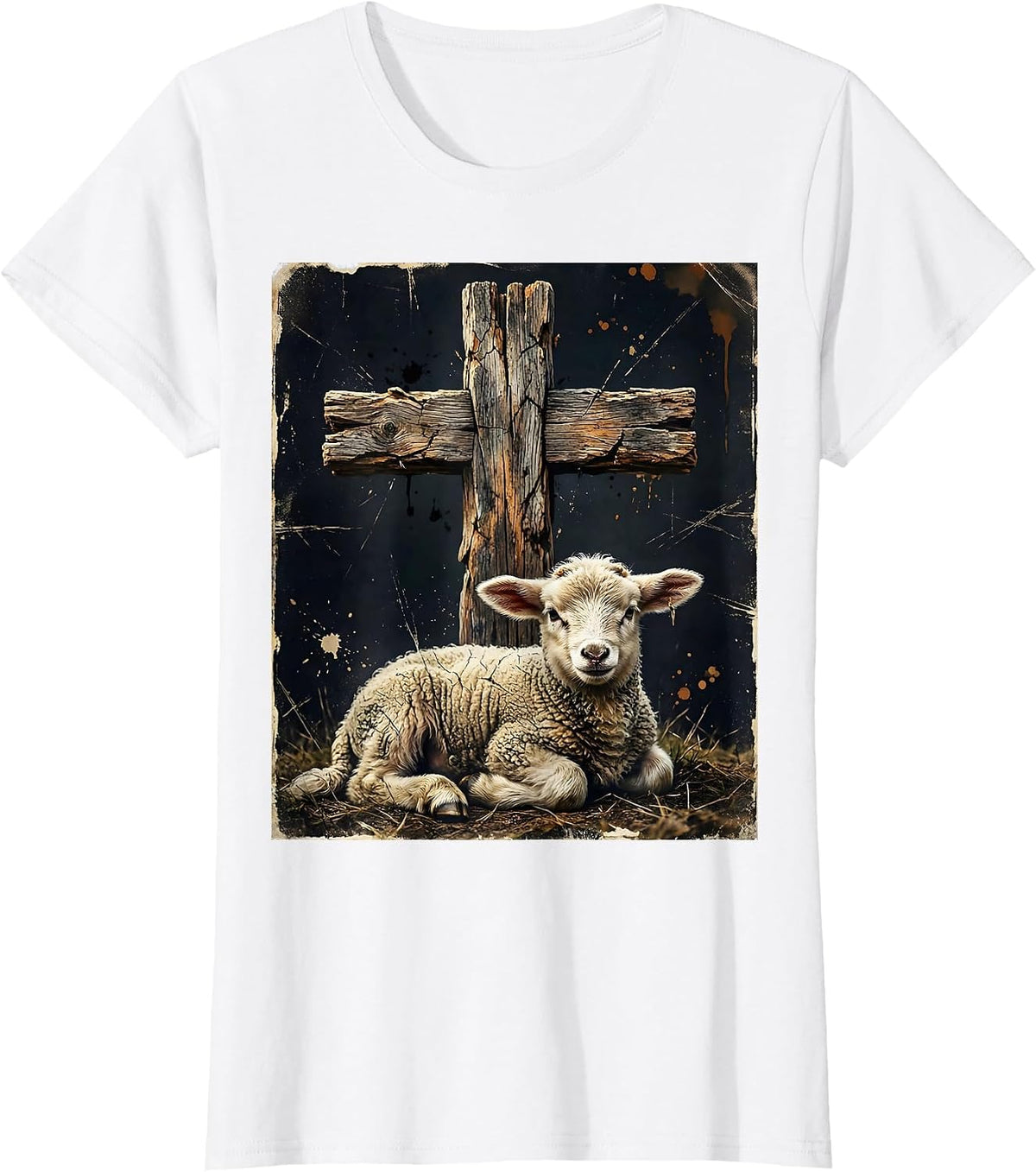 Lamb Resting Beneath the Cross Christian Design T-Shirt - White